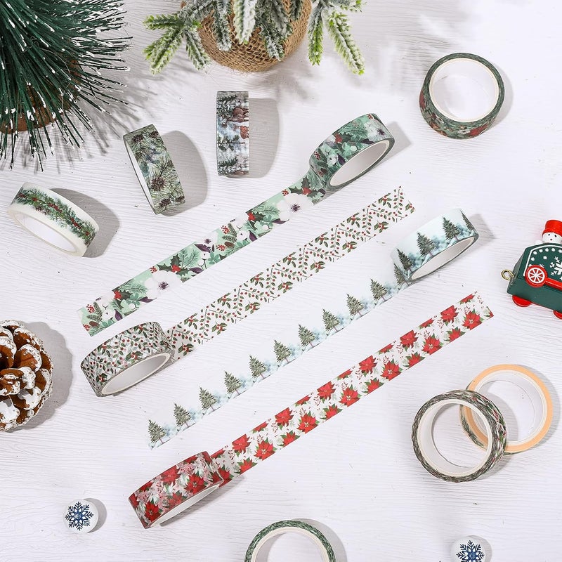 Whaline 12 Rolls Christmas Floral Washi Tape Xmas Watercolor Berry Holly Leaves Pine Cones Elk Bell Plants Masking Tape Winter Holiday Decorative Tape for Scrapbook Journal DIY Craft Gift Wrapping - Image 5